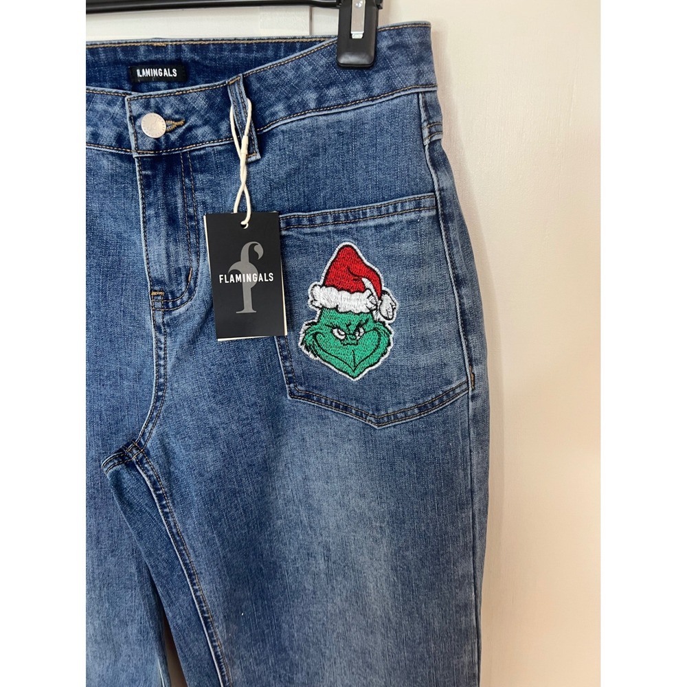 Flamingals Womens Christmas Embroidered Patch Straight Leg Jeans Blue L NEW